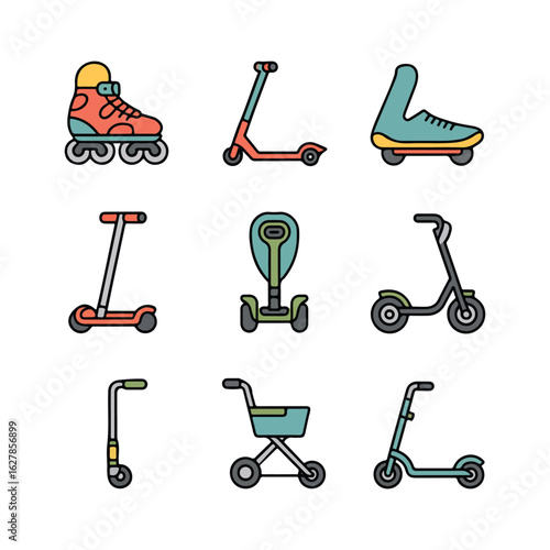 Collection of colorful wheeled transportation icons including roller skates scooters and a Segway electric scooter