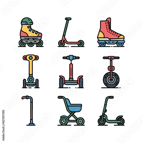 Collection of colorful wheeled personal transport icons roller skates scooter