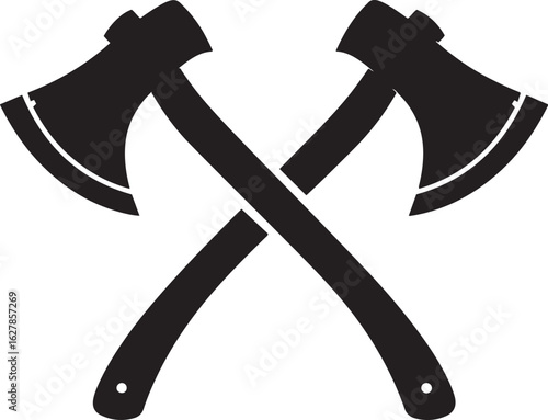Two crossed axes in a silhouette against a white background symbolizing strength and adventure