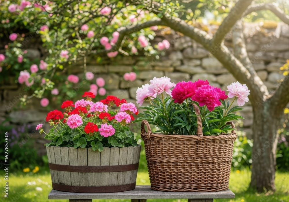 Obraz premium Pink and red flowers in baskets decorate a garden scene