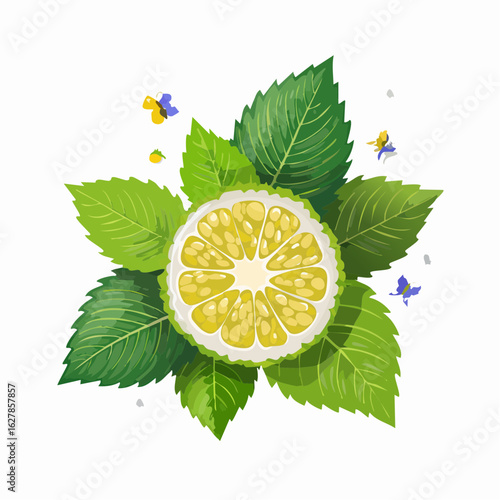 Artistic portrayal of sliced citrus fruit surrounded by vibrant green leaves and butterflies