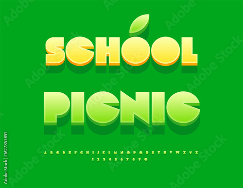 Vector Educational sign School Picnic. Green playful Font. Children style fresh Alphabet Letters and Numbers set