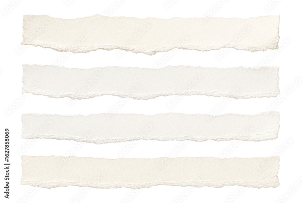 Naklejka premium Four torn paper strips arranged horizontally, showcasing textured edges for design use on transparent background.
