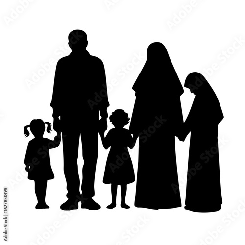 Family silhouette holding hands together with children outdoors  