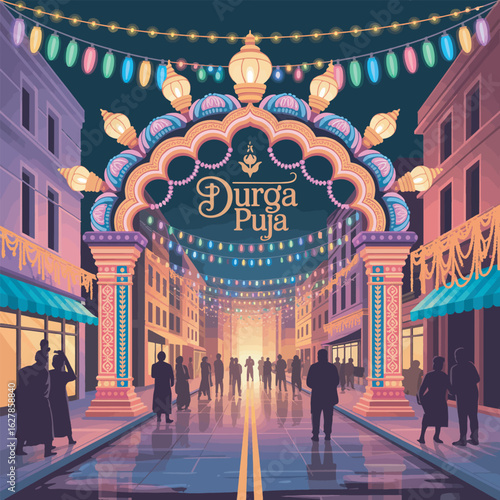 Durga Puja Festival Archway with Lights and Silhouetted People in Indian City