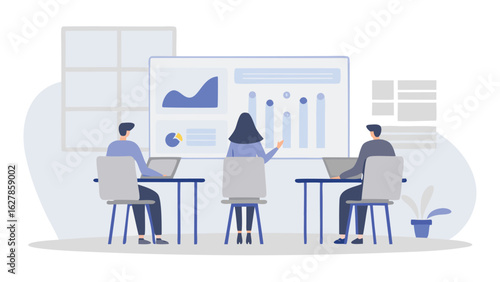 Three people in a meeting room looking at a presentation with charts and graphs on a screen display panel