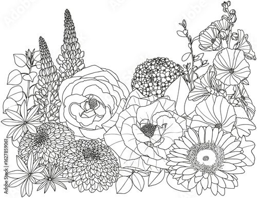 Abstract floral background. Coloring page for adults and children. Branches with leaves and flowers on a white background.