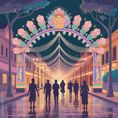 Durga Puja Street Decoration Illustration with Lights and People Walking