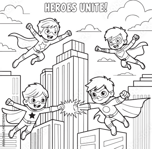 Dynamic Superhero Team Soaring Above Cityscape Ready for Action Coloring Page Illustration