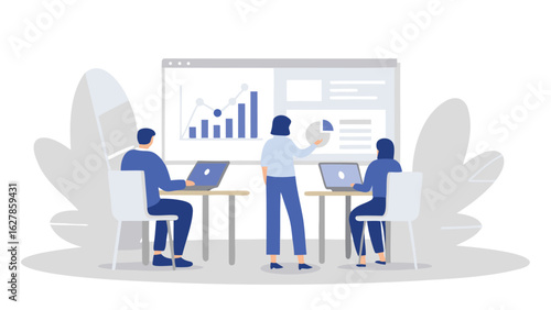 Illustration of a business meeting with a presenter and two attendees viewing data on laptops and a screen