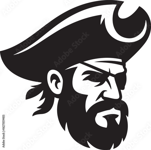 Fierce pirate head with eyepatch and beard wearing a tricorne hat