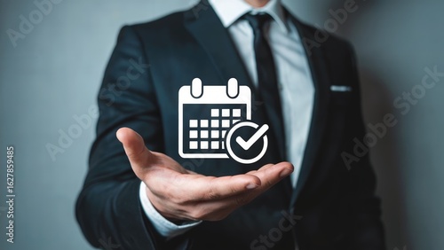 Professional businessman presents calendar icon with checkmark, symbolizing planning and completion