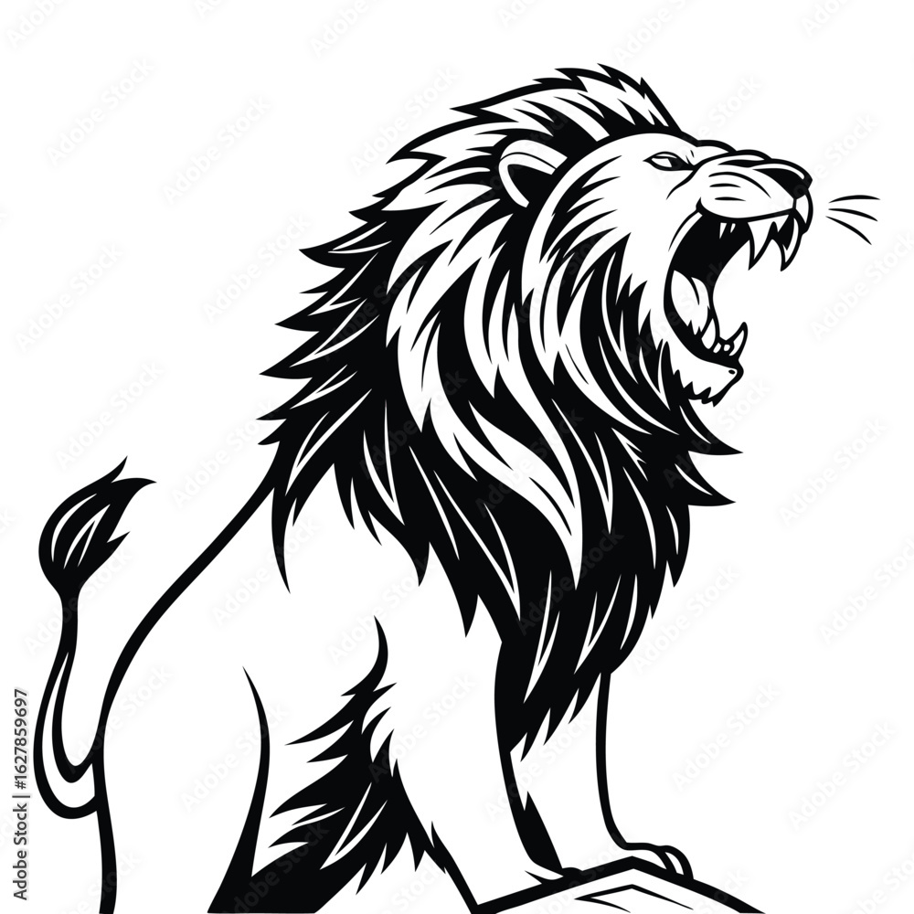 Obraz premium Majestic roaring lion illustration with fierce expression and flowing mane isolated on white background