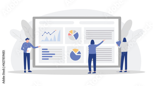 Team presenting data charts and graphs on a large screen display in a business meeting setting analysis