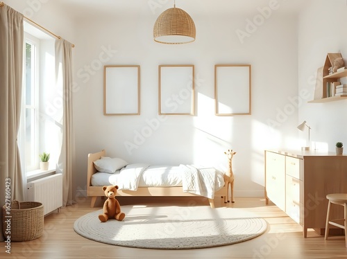 japandi children's room interior with toy giraffe, teddy bear, and empty frame mockups in neutral tones