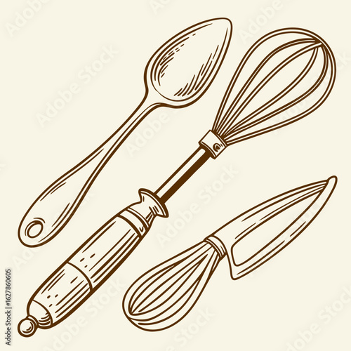 Hand-Drawn Illustration of Kitchen Tools Including Whisks and a Spoon
