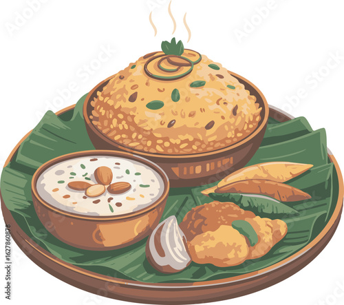 Indian Food Vector Illustration Traditional Meal with Rice, Lentils, and Vegetables