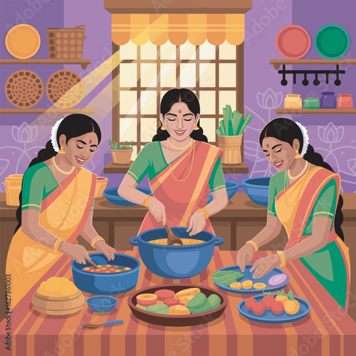Indian Women Cooking Traditional Food in Kitchen Interior Preparing Meal Vector Art