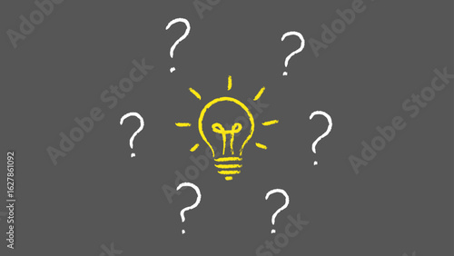Yellow hand drawn light bulb sketch in the center surrounded by white question marks on a dark gray background, representing ideas, doubt, and creative thinking