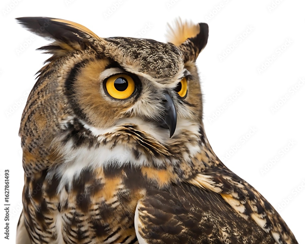 Fototapeta premium Studio macro photo of a horned owl perched with wings tucked in, intense yellow eyes and feathery tufts highlighted under balanced light, isolated cleanly on transparent white — wise, nocturnal.