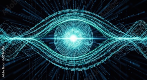 Abstract digital eye with glowing waves and binary code patterns