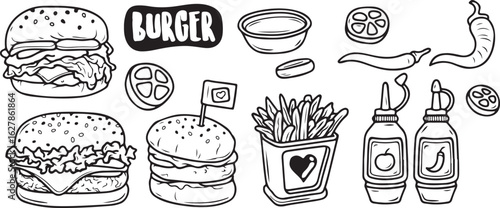 Burger and Fries Doodle Set – Fast Food, Burger, French Fries, Snack, Junk Food, Ketchup, Doodle Art, Hand Drawn, Vintage, Line Drawing, Takeout, Cartoon Style, Bold Lines, Monochrome, Sketch, Meal, L