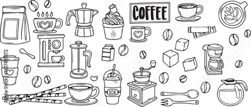  Coffee and Breakfast Doodle Icons – Coffee, Mug, Beans, Sugar, Milk, Hot Drink, Breakfast, Espresso, Cappuccino, Cafe, Hand Drawn, Line Art, Beverage, Doodle Set, Coffee Maker, To-Go Cup, Minimal, Mo