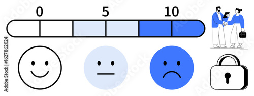 Numeric scale with smile, neutral, and sad faces for feedback, handshake for agreement, and lock suggesting privacy. Ideal for feedback, customer service, evaluation, data privacy business