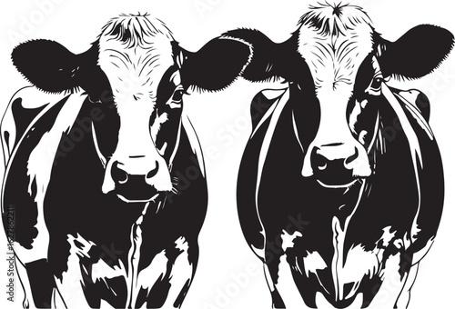 Two black and white Holstein Friesian cows facing forward with detailed linework on white background