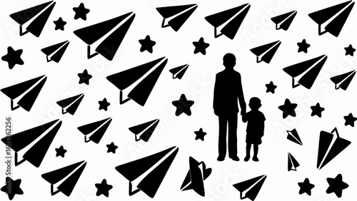 Silhouette of a man and child surrounded by paper airplanes and stars on a white background pattern design
