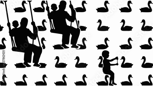 Silhouette pattern featuring people on swings and a child with slingshot among many swans