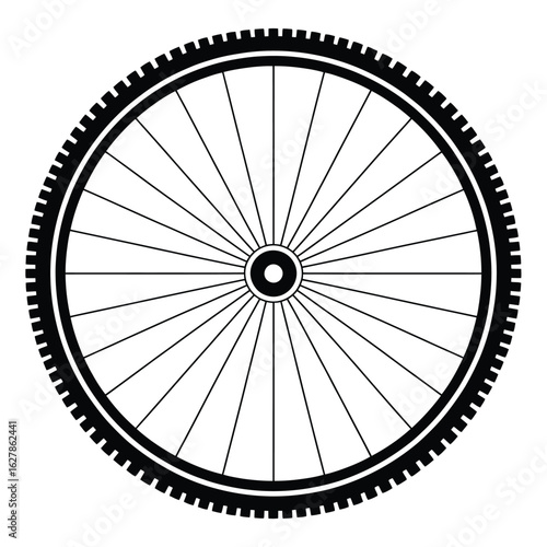 Black and white illustration of a bicycle wheel with spokes and a gear rim