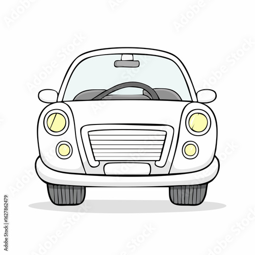 Cartoon car illustration showcasing a simplistic white vehicle design with round headlights