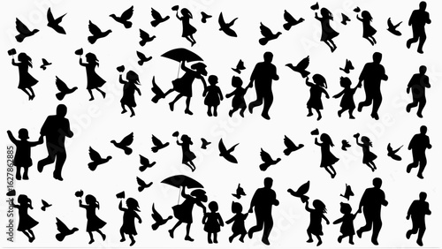 Silhouette of children and adults running with birds and umbrella in a black and white patterned design layout