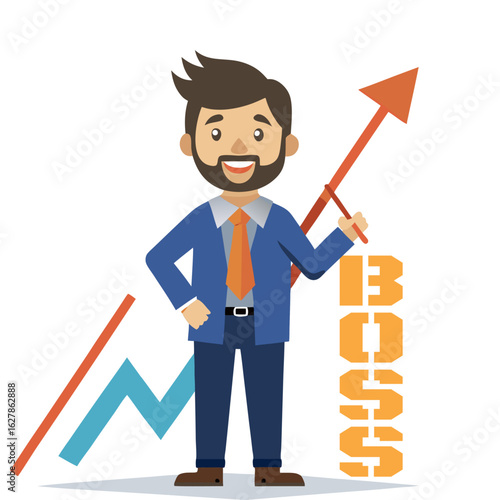 Confident Boss Holding Business Growth Arrow Symbolizing Success, Leadership, Financial Growth, and Corporate Strategy in a Modern Office Environment