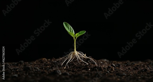 A small green seedling with visible roots growing in dark soil against a black background studio shot