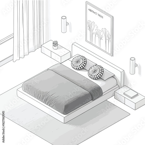 Cozy bedroom interior design sketch with bed and nightstands