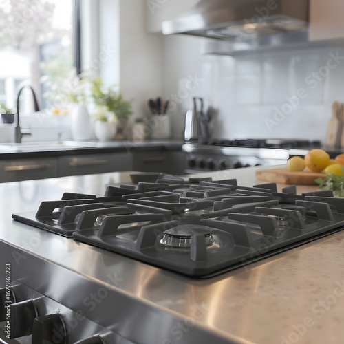 Gas cooktop with shiny grates on countertop