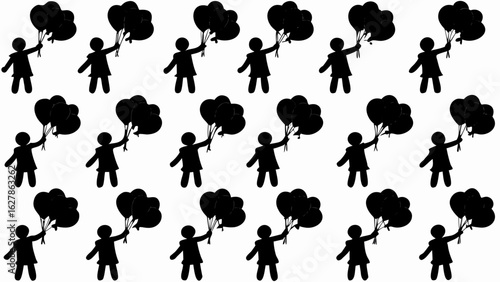 Silhouette pattern featuring multiple figures holding bunches of balloons on a white background design element