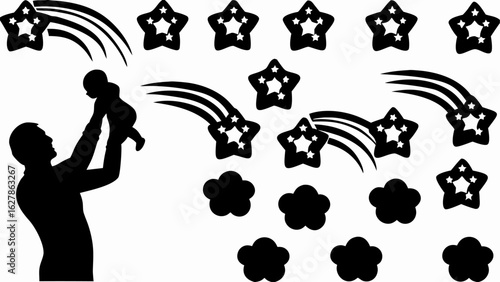 Silhouette of father holding baby aloft surrounded by stars clouds and shooting star trails design