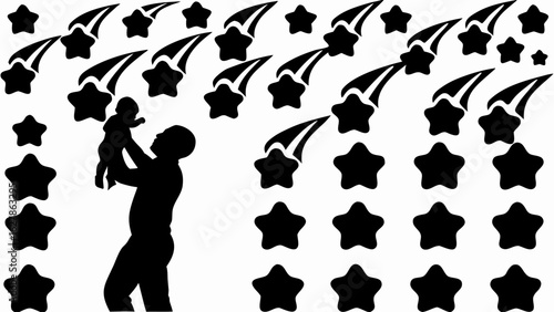 Silhouette of a man holding a baby surrounded by falling stars and scattered stars in black and white