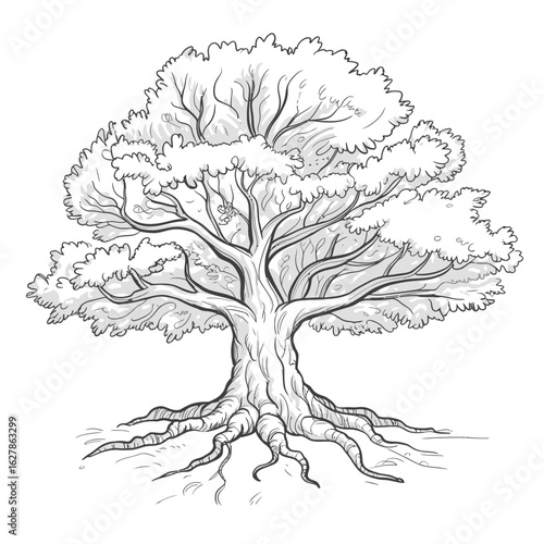 Detailed sketch of a large ancient oak tree with prominent roots and full canopy