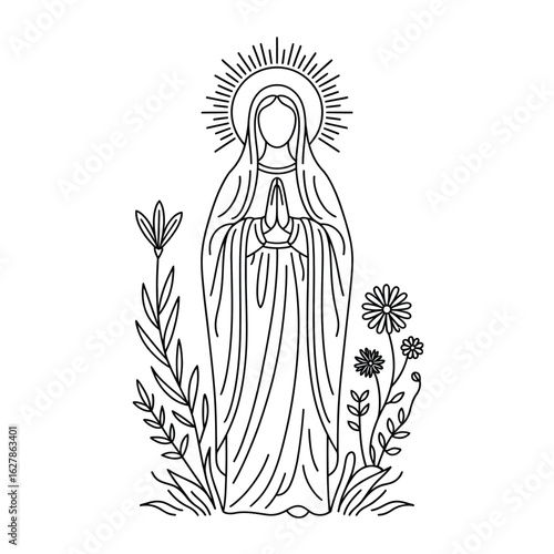 Outline drawing of the virgin mary praying amongst flowers