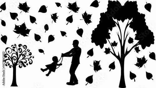 Silhouette of a father swinging a child with trees and falling leaves in a whimsical autumn illustration