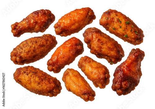 A variety of crispy and saucy chicken wings arranged in a scattered pattern on transparent background.