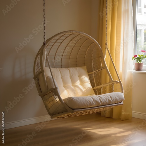 Rattan hanging chair with cushion in cozy corner