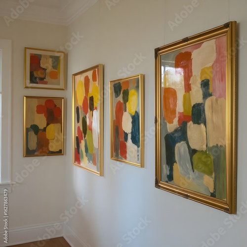 Gallery wall with abstract paintings in hallway