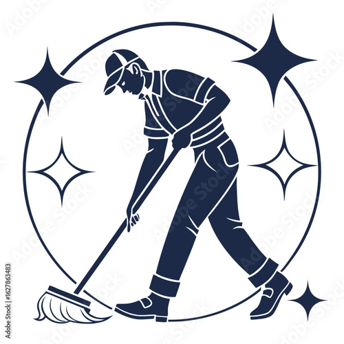 Cleaner in uniform mopping floor with sparkles and circular frame Keywords: cleaner, cleaning, mop, floor, janitor, sanitation, hygiene, service, worker, man, uniform, cap, bucket, cleaning