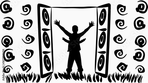 Silhouette of person with raised arms between speakers surrounded by spiral designs and grass like shapes