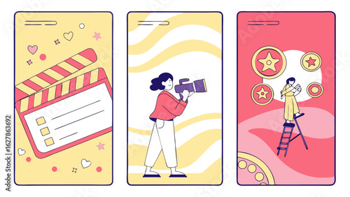 Illustration showing a clapperboard, a woman with a camera, and a woman on a ladder with stars around her